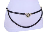 Black Metal Wave Chain Belt With Rhinestone Lion Medallion